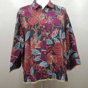 IOs Red Purple Linen Button Down Shirt Size Large (6856)